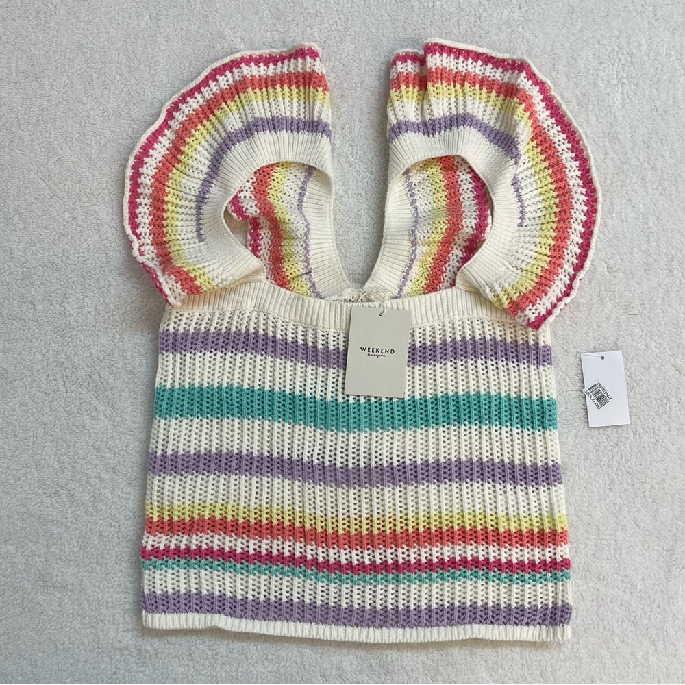 Soft Girl Core Weekend Los Angeles Flutter Stripe Knit Top Pastel Sweater Tank L